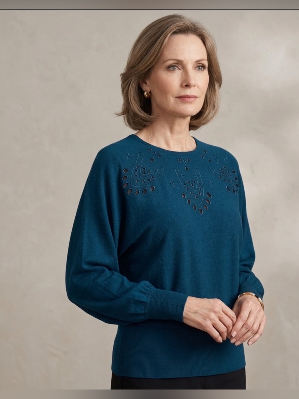 Joseph A. Eyelet Embroidered Dolman-Sleeve‎ Knit Sweater